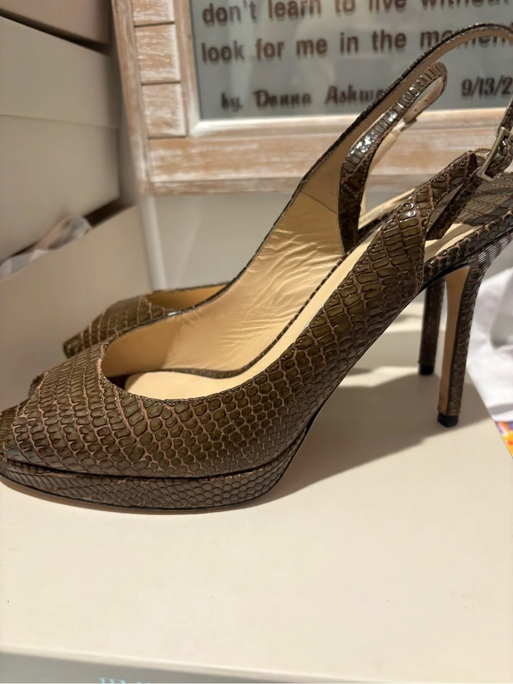 Jimmy Choo Brown Croc-Embossed Peep-Toe Slingbacks